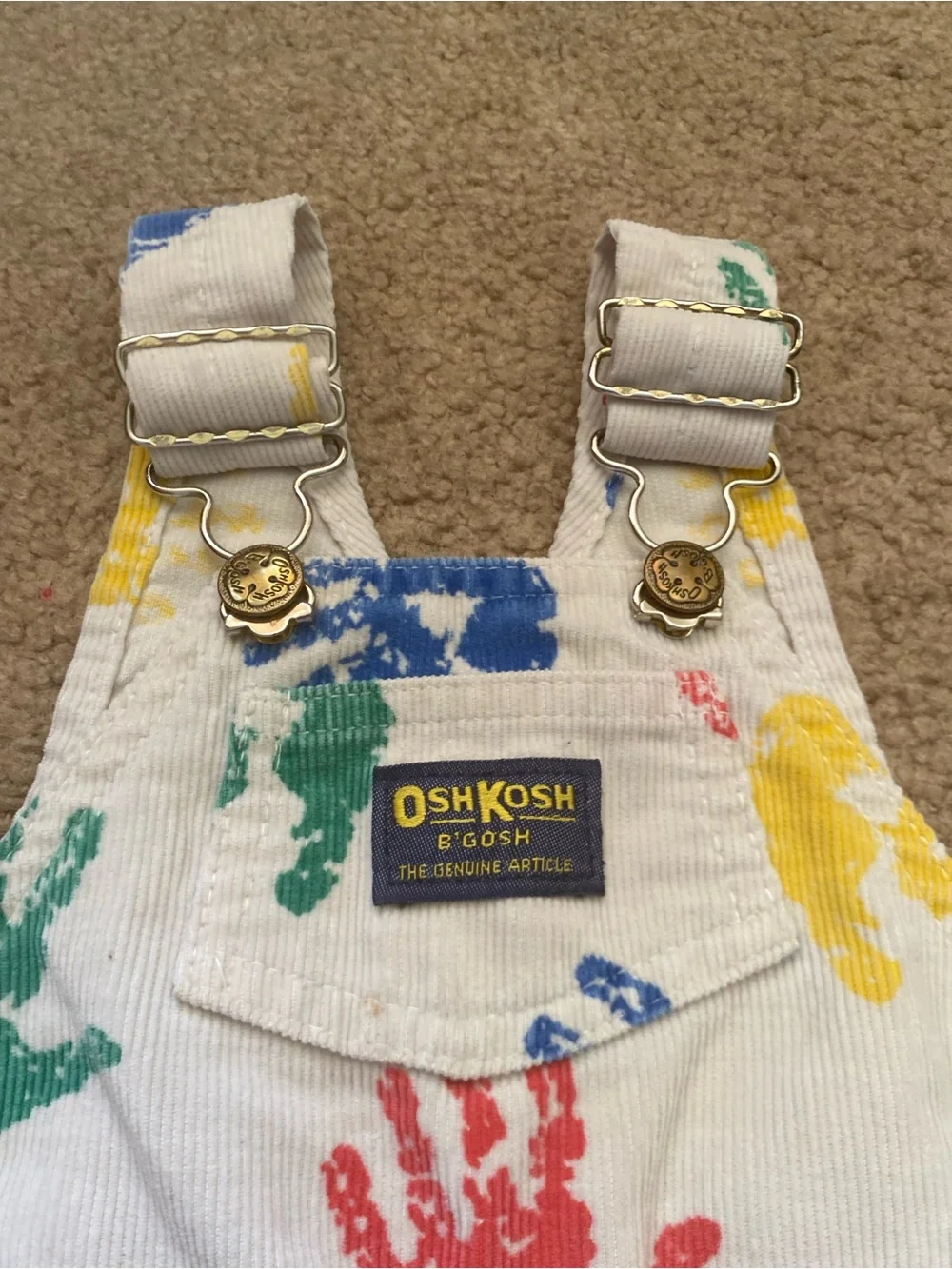 VTG 90s Oshkosh Handprint Corduroy Overalls 12 M White Vestback Made in USA